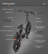 Electric bike with black aluminum alloy frame, fat tires, adjustable seat, LCD display, and rear shelf