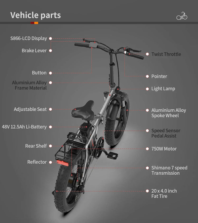 Electric bike with black aluminum alloy frame, fat tires, adjustable seat, LCD display, and rear shelf