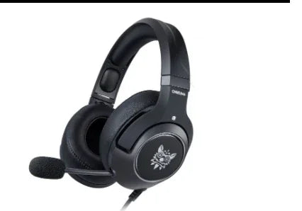 Black over-ear gaming headset with padded ear cups, adjustable headband, and attached boom mic