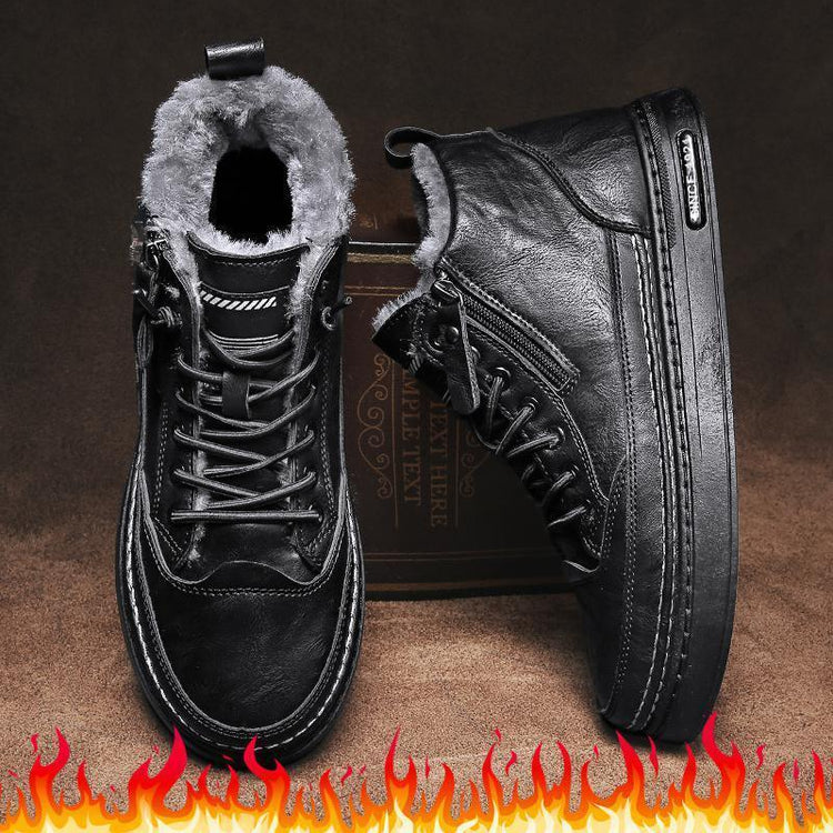 Black leather high-top winter boots with gray faux fur lining and chunky sole