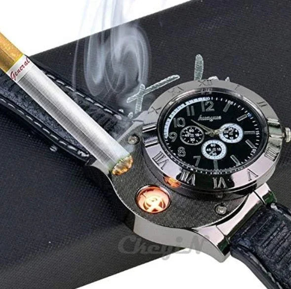 Black leather strap watch with built-in lighter, metallic bezel, and analog display.