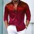 Man wearing slim fit, long sleeve red paisley shirt with satin finish, paired with white pants