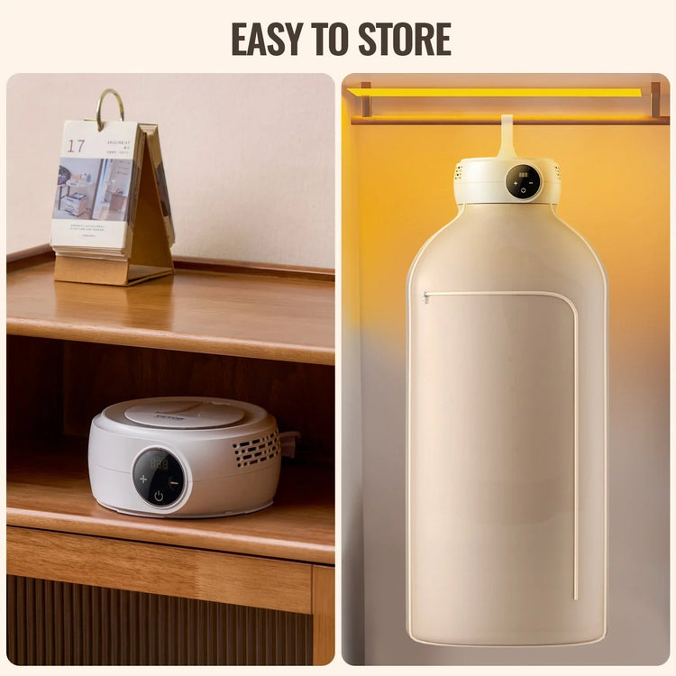 Compact beige tech accessory with digital display, easy to store on shelf or hanging in closet