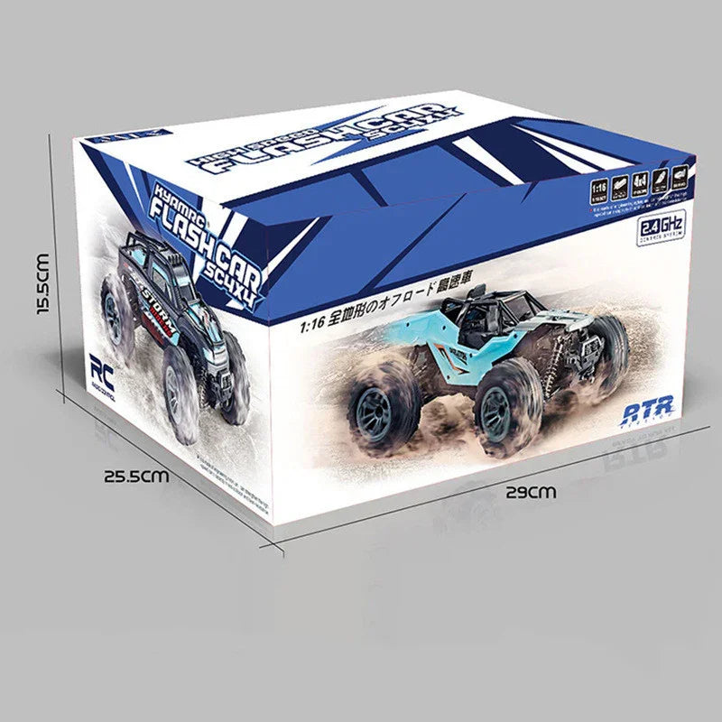 Box with off-road remote control car, blue and black design, 4WD, 1:16 scale, sporty style