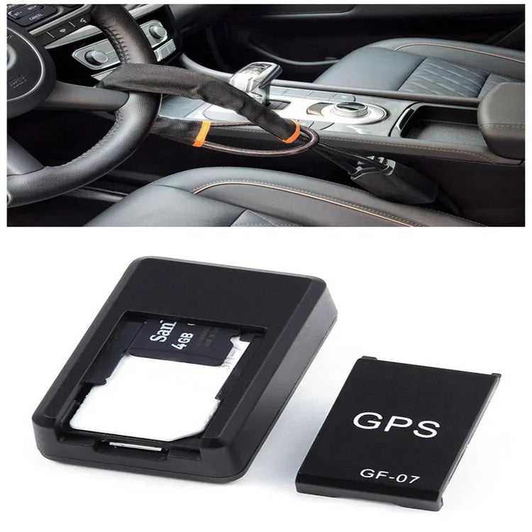 Anti-theft car steering wheel lock with black fabric cover and portable GPS tracker device.