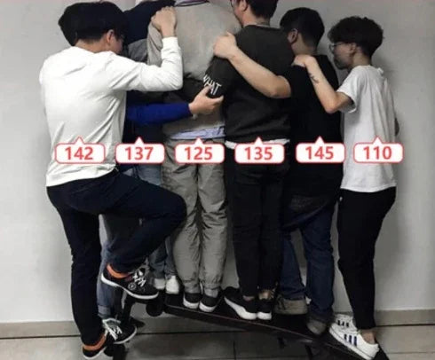 Group of young adults wearing casual streetwear, layered jackets, hoodies, and sneakers in neutral and dark colors, all standing together closely on a skateboard indoors.