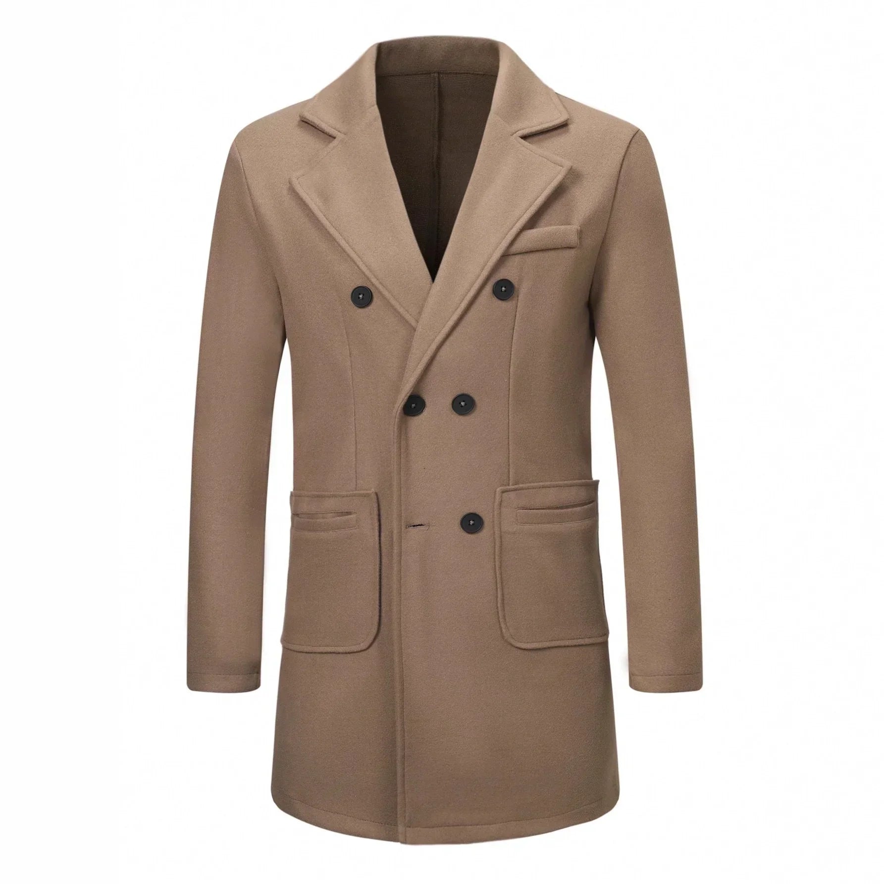 Men's camel brown wool blend double-breasted overcoat with notch lapels and front pockets