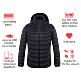 Black USB heated jacket coat with hood, adjustable temperature, lightweight and wind-resistant thermal clothing for men winter