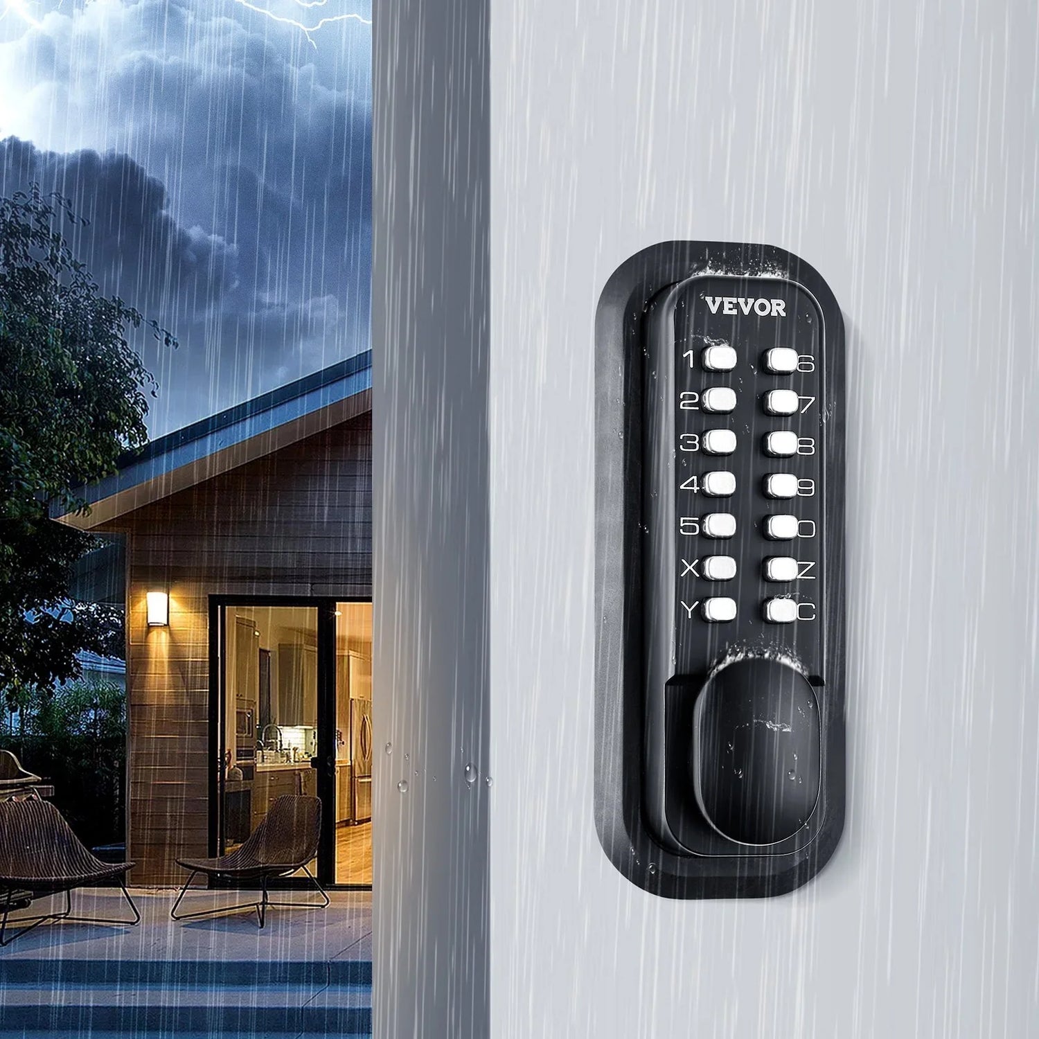Black waterproof mechanical keypad door lock on an exterior wall during heavy rain