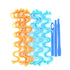 Orange and blue wavy hair curlers with blue plastic styling rods on white background