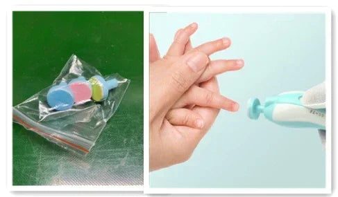 Electric nail trimmer with colorful attachments for gentle manicure, shown in use on fingers
