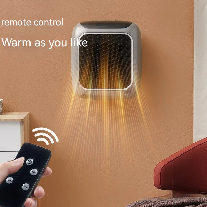 Wall-mounted heater emitting warm air with remote control in cozy modern room