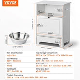 White wooden pet food storage cabinet with metal dog bowl, showing dimensions and compartments.