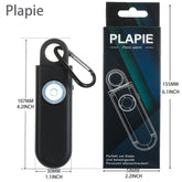 Black rectangular tech gadget with LED light, carabiner clip, and packaging, shown with size dimensions.