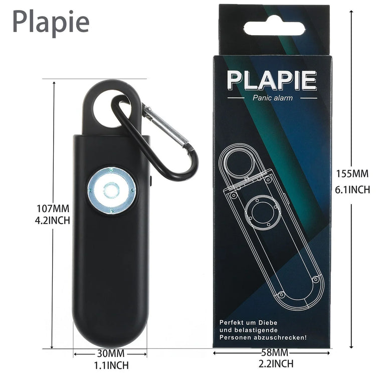 Black rectangular tech gadget with LED light, carabiner clip, and packaging, shown with size dimensions.