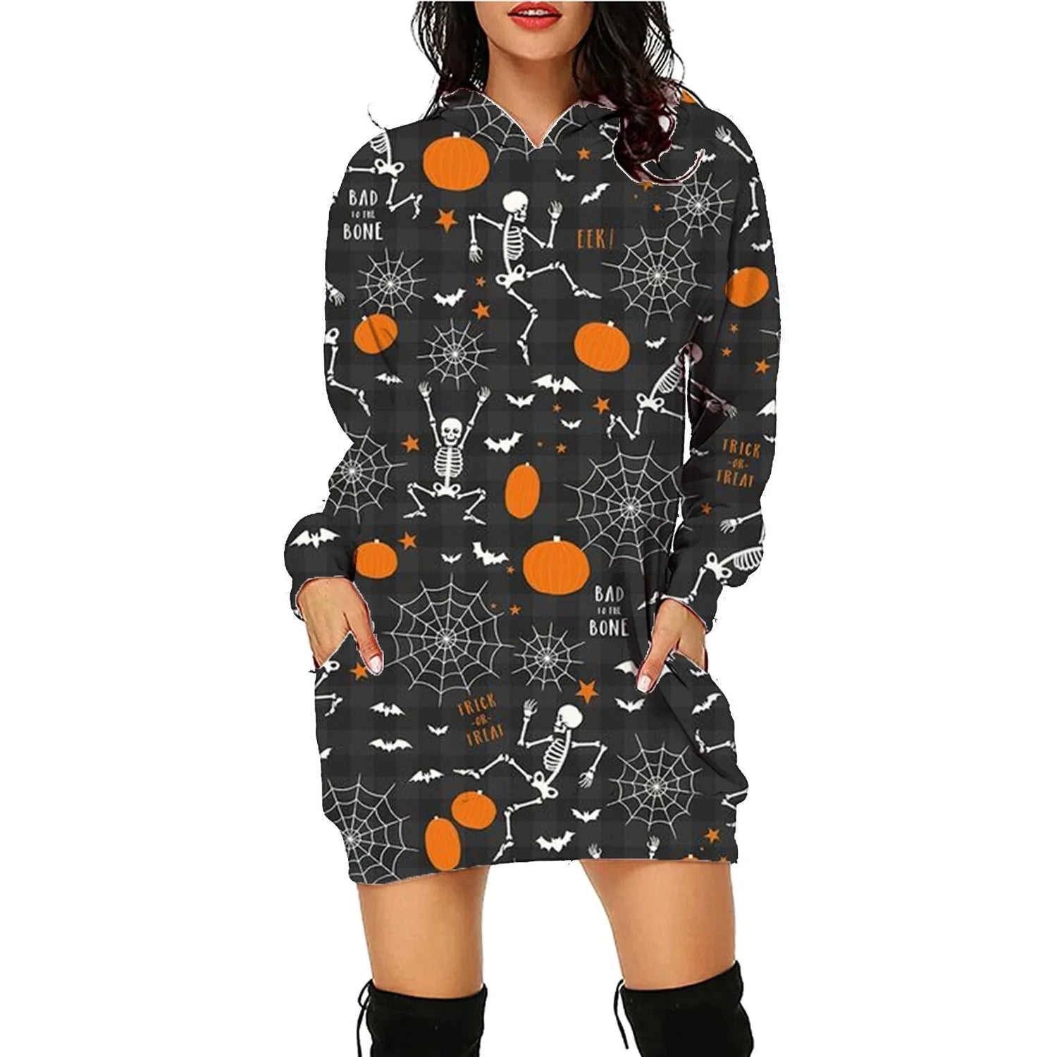 Black oversized hoodie dress with Halloween skeleton, pumpkin, and spiderweb print.