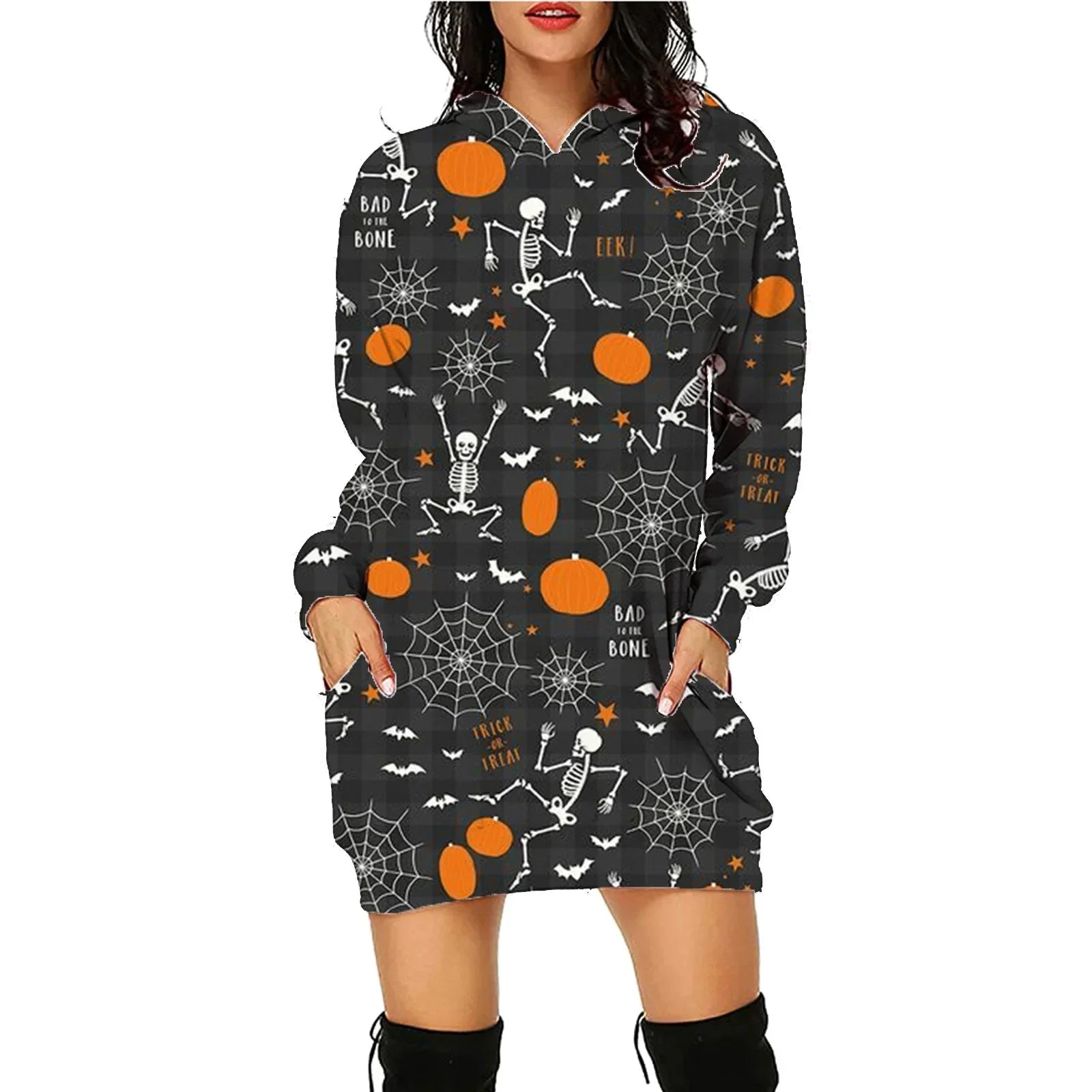 Black oversized hoodie dress with Halloween skeleton, pumpkin, and spiderweb print.