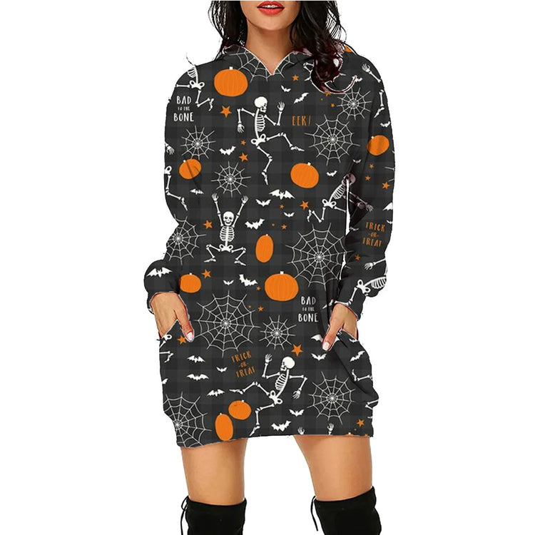 Black oversized hoodie dress with Halloween skeleton, pumpkin, and spiderweb print.