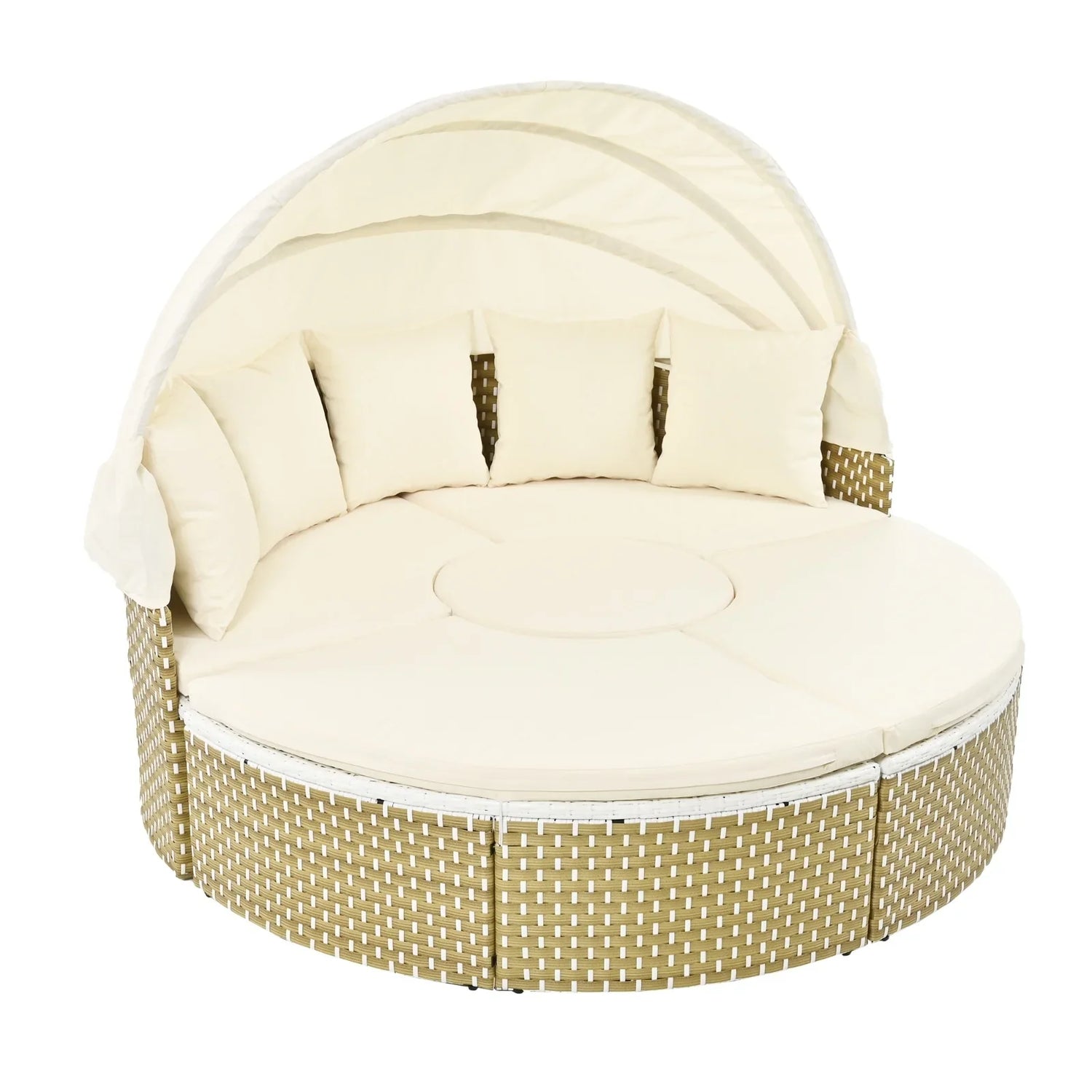 Beige round rattan outdoor daybed with canopy, plush cushions, and modern woven design.