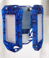 Futuristic blue LED light fixture with geometric panels and translucent casing