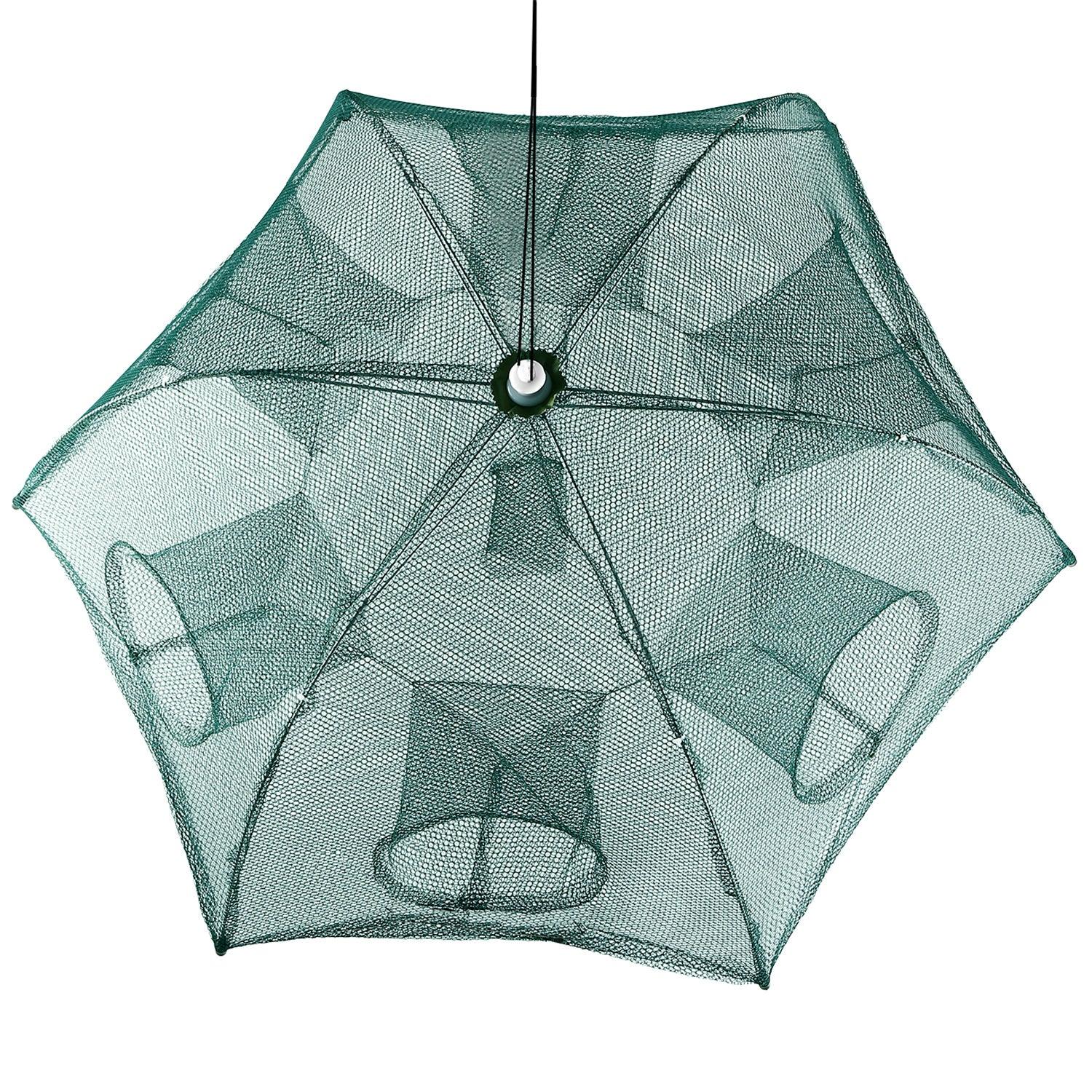 Foldable green nylon mesh trap with hexagonal shape and multiple entry holes.