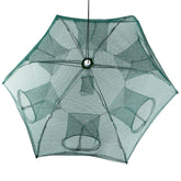 Foldable green nylon mesh trap with hexagonal shape and multiple entry holes.