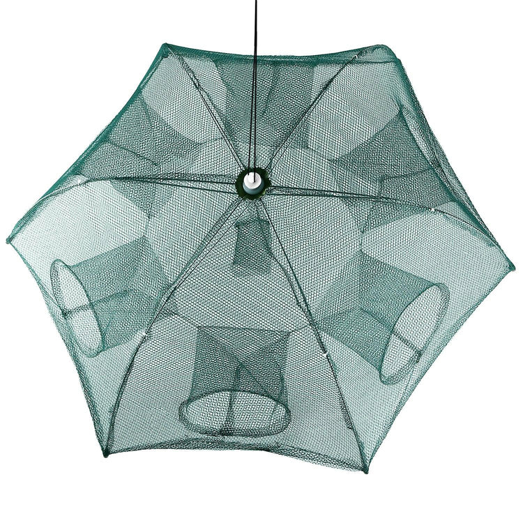 Foldable green nylon mesh trap with hexagonal shape and multiple entry holes.