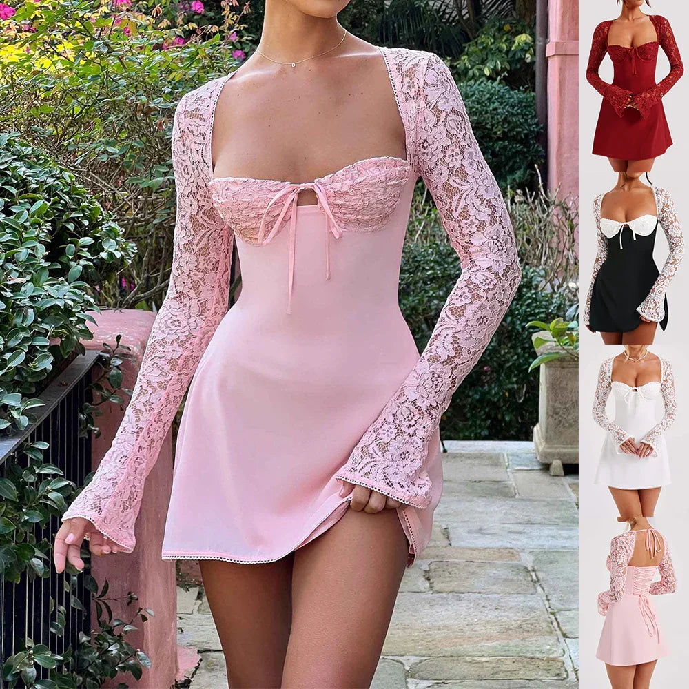 Fitted mini dress with lace long sleeves and square neckline, available in pink, red, black, and white.