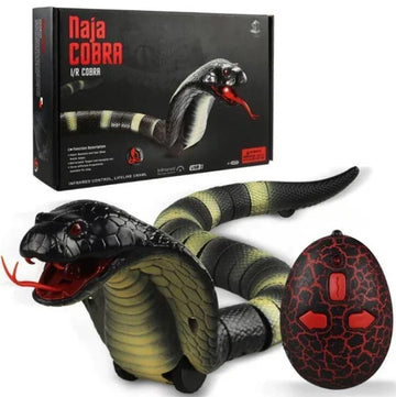 Black and green striped remote control snake toy with realistic texture and red tongue.