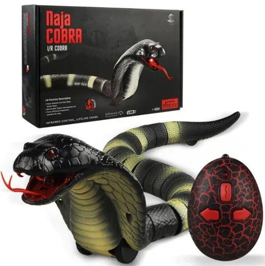 Black and green striped remote control snake toy with realistic texture and red tongue.