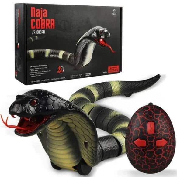 Black and green striped remote control snake toy with textured surface and red-eyed cobra head.
