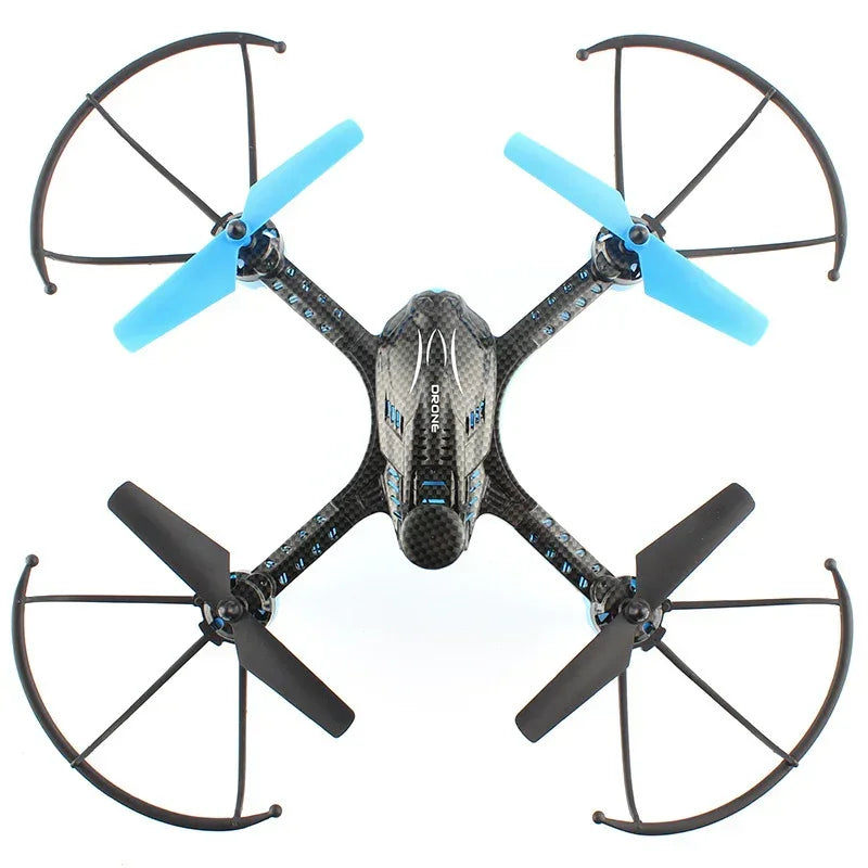 Black and blue quadcopter drone with carbon fiber texture and propeller guards