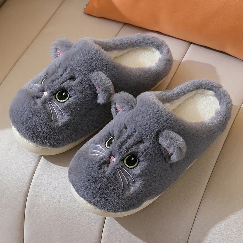 Gray plush cat face slippers with soft lining, cozy indoor footwear, relaxed fit