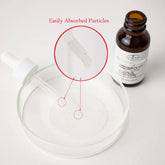 Clear dropper with small particles, brown glass serum bottle, and petri dish on white background