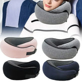 Soft memory foam travel neck pillows in gray, pink, black, and navy with ergonomic fit