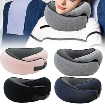 Soft memory foam travel neck pillows in gray, pink, black, and navy with ergonomic fit