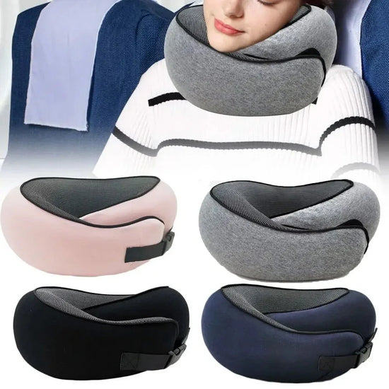 Soft memory foam travel neck pillows in gray, pink, black, and navy with ergonomic fit