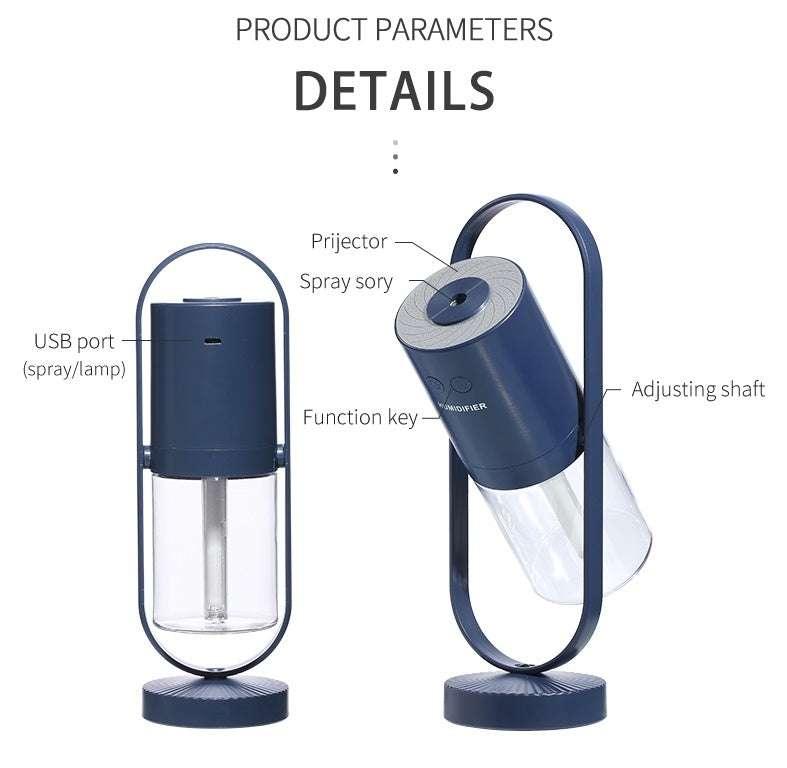 Modern blue and clear adjustable humidifier with USB port and labeled components.