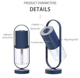 Modern blue and clear adjustable humidifier with USB port and labeled components.
