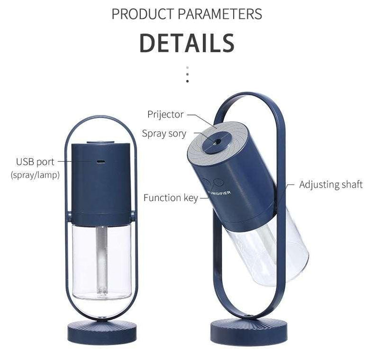 Modern blue and clear adjustable humidifier with USB port and labeled components.