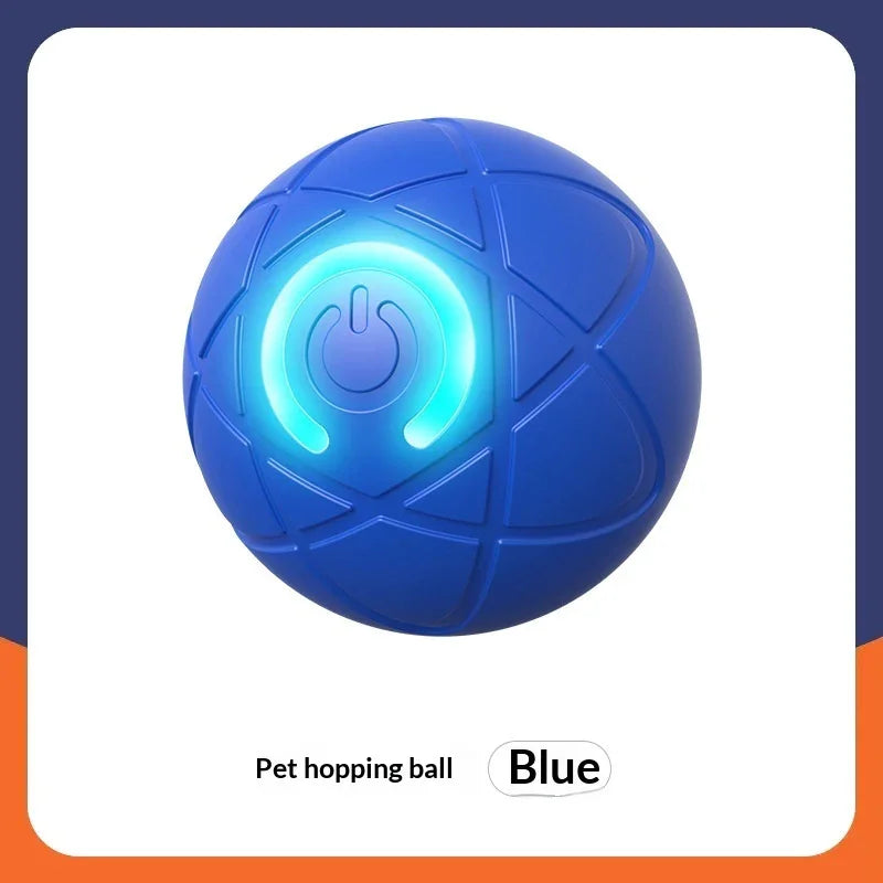 Blue interactive pet toy ball with glowing power button and textured design, durable plastic.