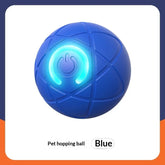 Blue interactive pet toy ball with glowing power button and textured design, durable plastic.