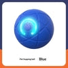 Blue interactive pet toy ball with glowing power button and textured design, durable plastic.