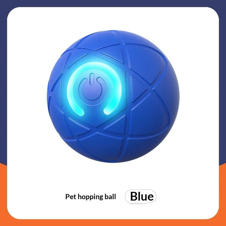 Blue interactive pet toy ball with glowing power button and textured design, durable plastic.