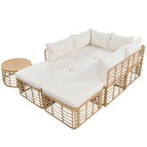 Modern rattan outdoor sofa set with beige cushions and matching side table, minimalist style