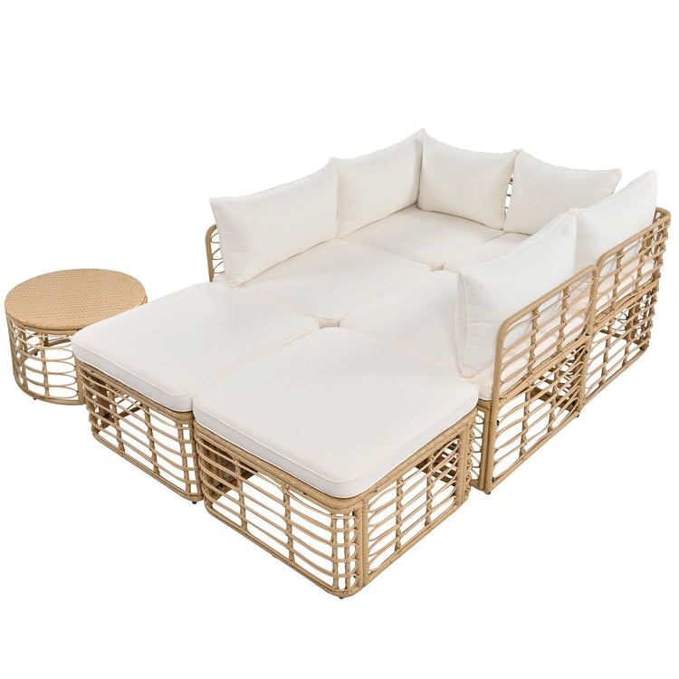 Modern rattan outdoor sofa set with beige cushions and matching side table, minimalist style