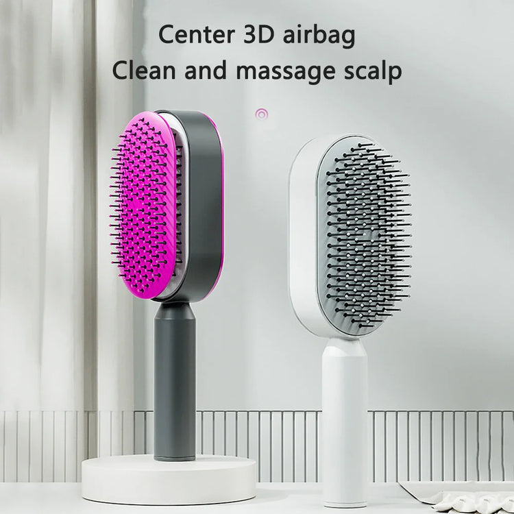 Modern hairbrushes with massage bristles, pink and white, on stands in minimalist setting