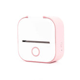 Compact pink and white portable mini printer with rounded edges, sleek plastic design