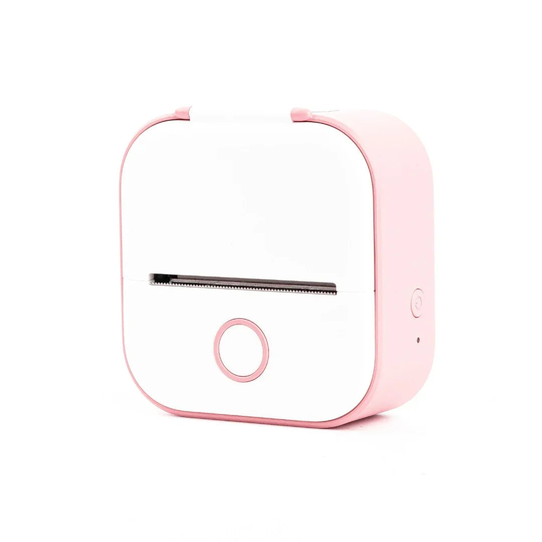 Compact pink and white portable mini printer with rounded edges, sleek plastic design