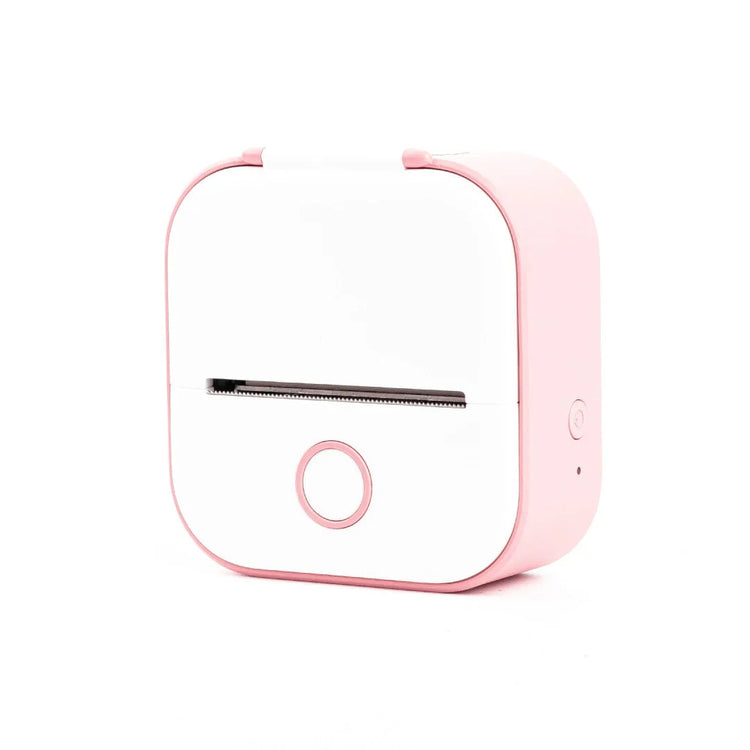 Compact pink and white portable mini printer with rounded edges, sleek plastic design